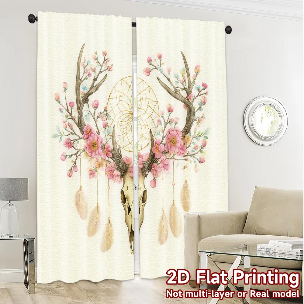 Set Of 2 Flat Printing Curtains Without Rod Floral Skull Design Ramadan Festival Chic Print Polyester Home Curtain Made