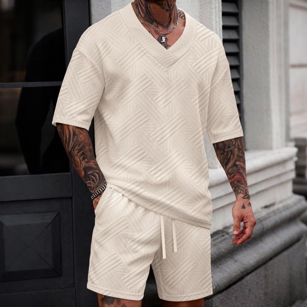 Men's New Casual Color Versatile V-neck Short-sleeve And Shorts Set