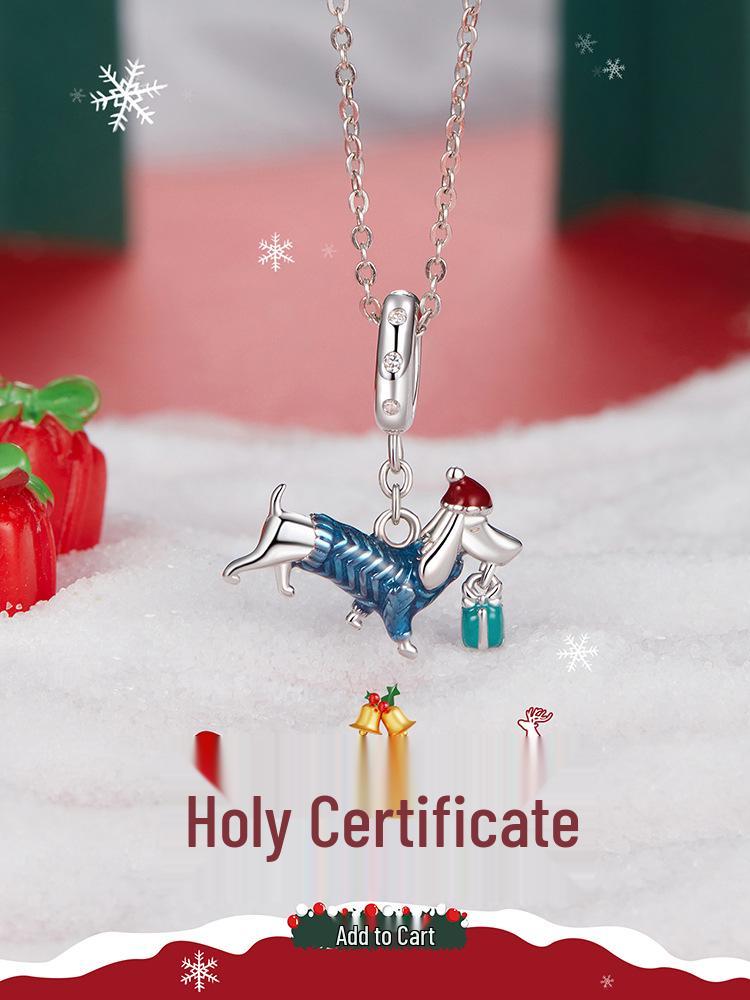 Handmade S925 Sterling Silver Dachshund Christmas Pendant with White Gold Plating - Creative DIY Jewelry Accessory