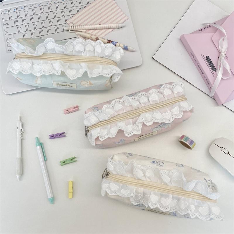 Sweet Lace Ladies Clutch Cosmetic Bags Cute Cat Prints Women's Portable Storage Bags Candy Color Large Capacity Girl Pencil Case