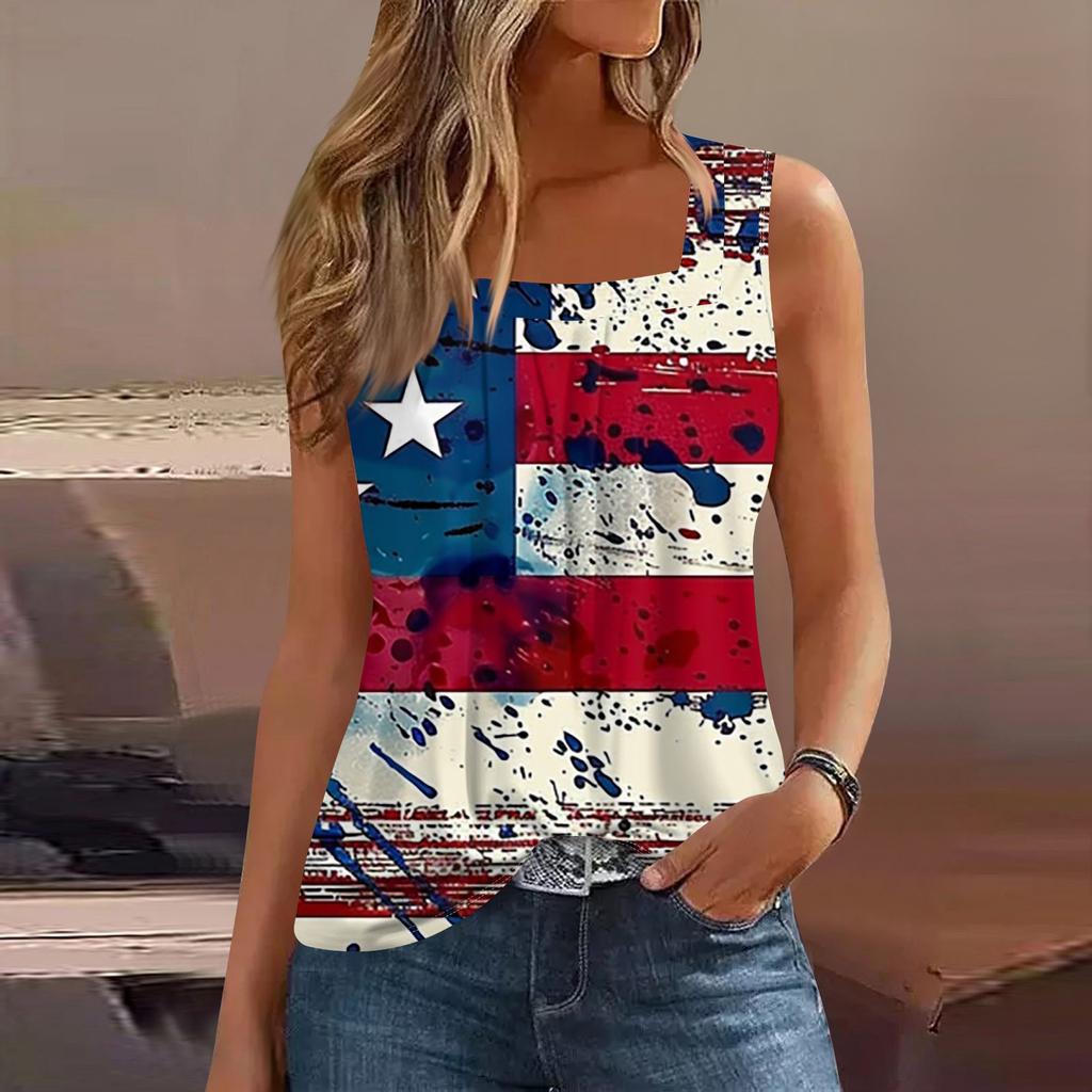 Dámské letní ležérní plisované tílko bez rukávů se čtvercovým výstřihem s potiskem