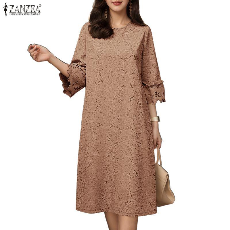 ZANZEA Damen Freizeit Rundhals Locker 3/4 Ärmel Spitze Patchwork Kleid