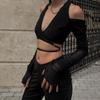 Women Bandage Cardigan Shirt V-neck Solid Color Casual Cold Shoulder Long Sleeve Crop Tops Streetwear