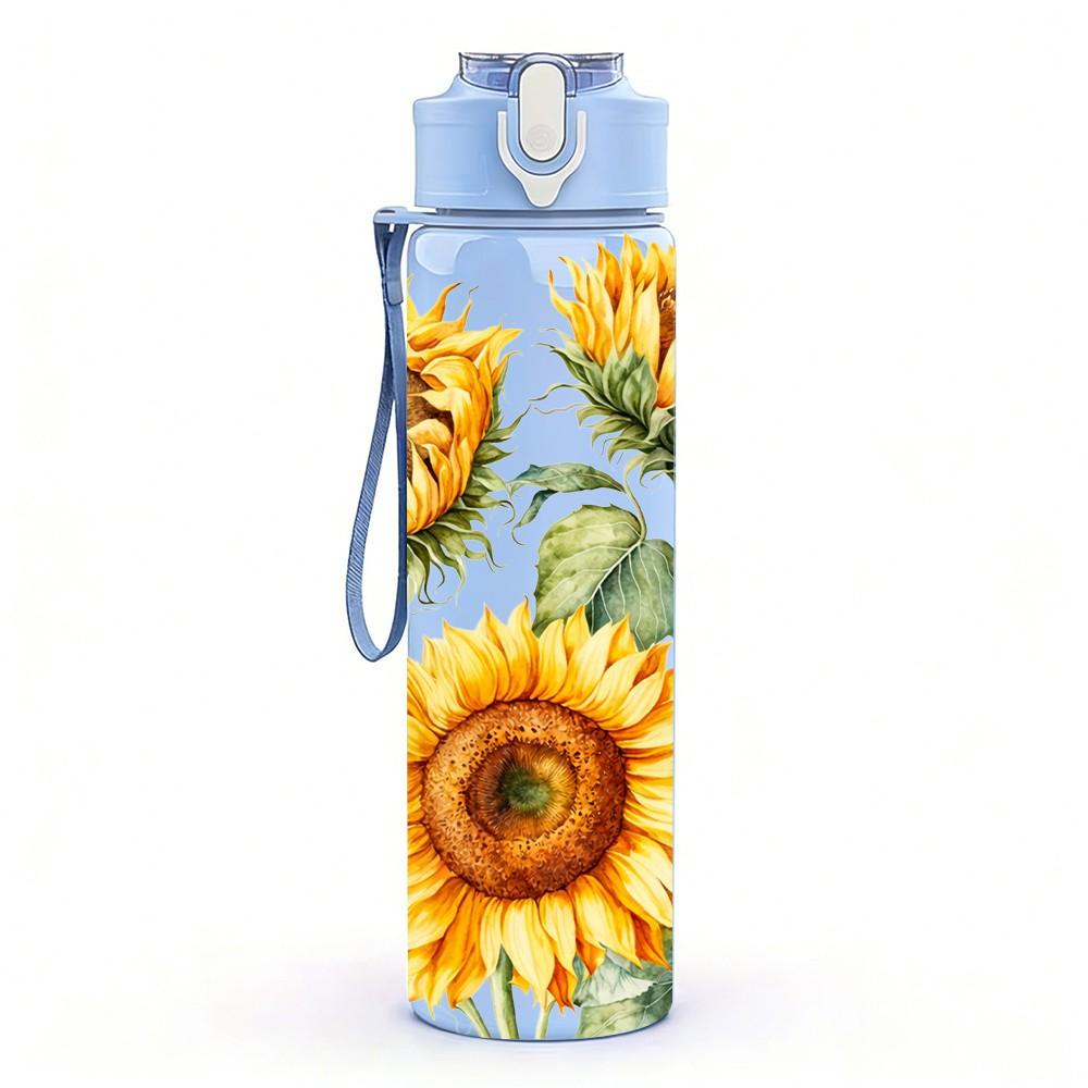 1PC Sunflower Boho Farm Floral Pattern 750ml Color Plastic Sports Water Bottle Leakproof Flip Straw Lid Suitable for Sports Office Home Use
