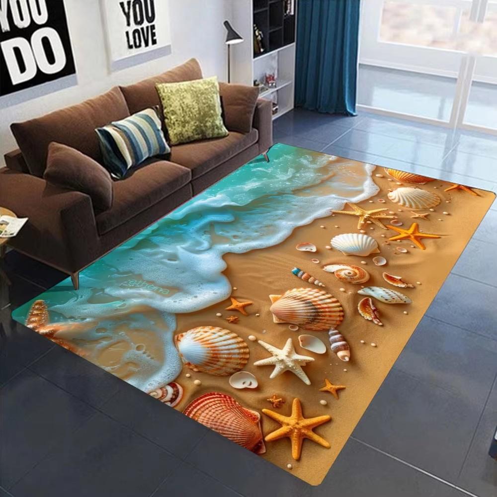 2025 Neuer Seestern Strand Muschel Seestern Sand Teppich Teppich für Wohnzimmer Schlafzimmer Zuhause Sofa Dekoration, Kinder Spielen Rutschfeste Bodenmatte