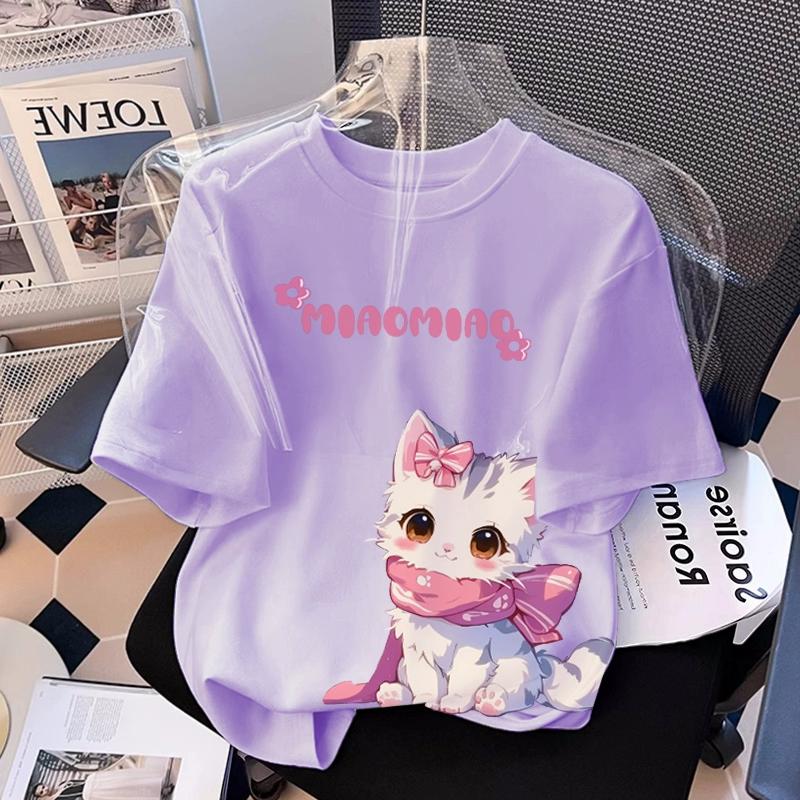T-shirt Stampata con Grafica di Gatto Cartone Animato per Ragazza Estiva Casual da Donna per Bambini a Maniche Corte Abbigliamento