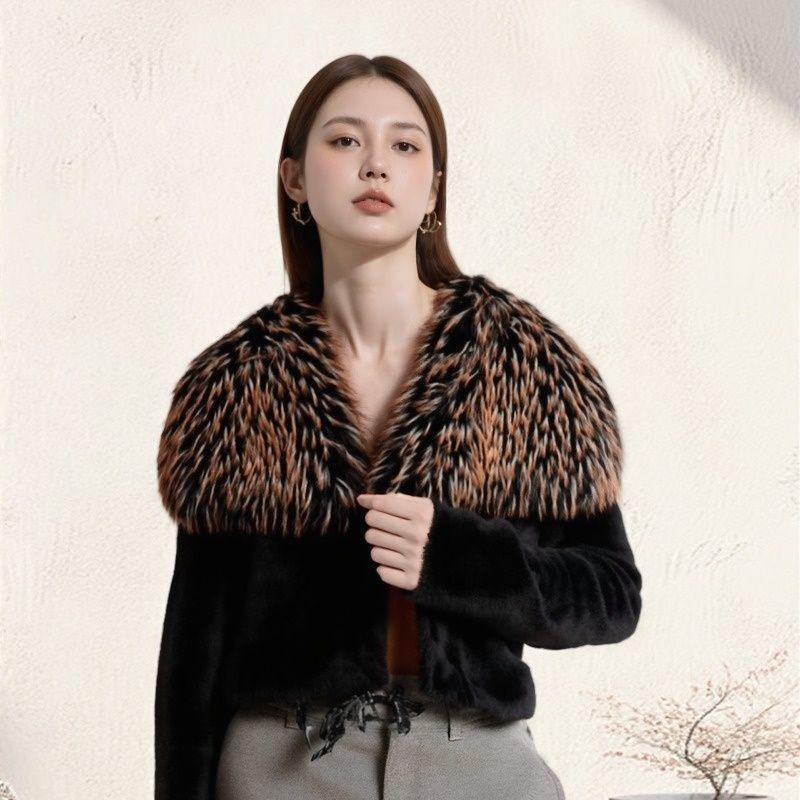 

Осень и зима новая шуба модное осенне-зимнее пальто короткое имитация серебристой лисы лацкан женское One size (within 67.5 kg) чёрный