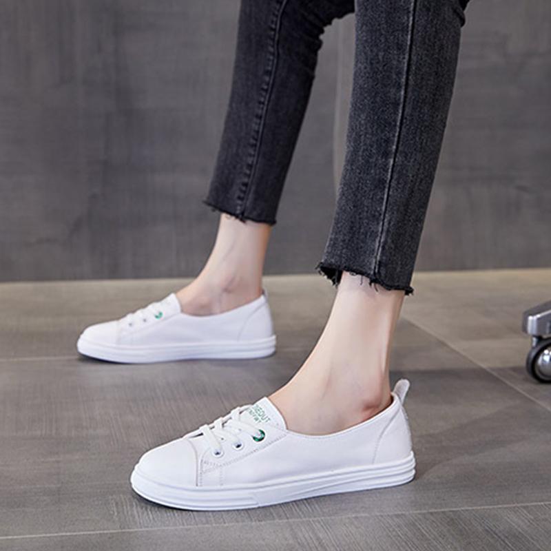 100% Genuine Leather Women White Shoes Flat Causal Soft Cow Leather Fashion Ladies Brand Slip-ons Shoes Comfortable