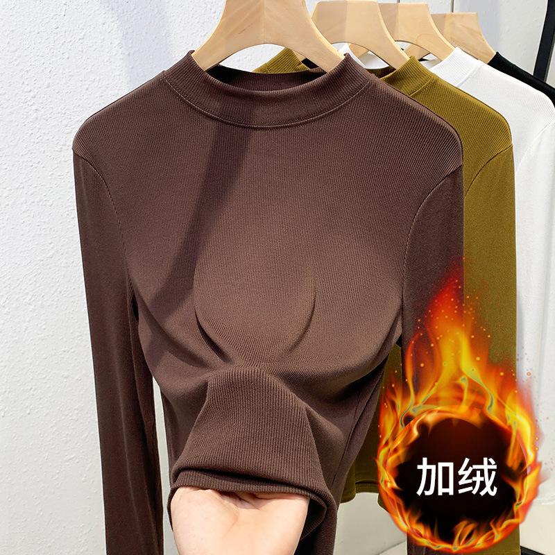 Threaded bottomed shirt women's 2025 new European women's clothing temperament stand-up collar long-sleeved t-shirt waist and elastic top