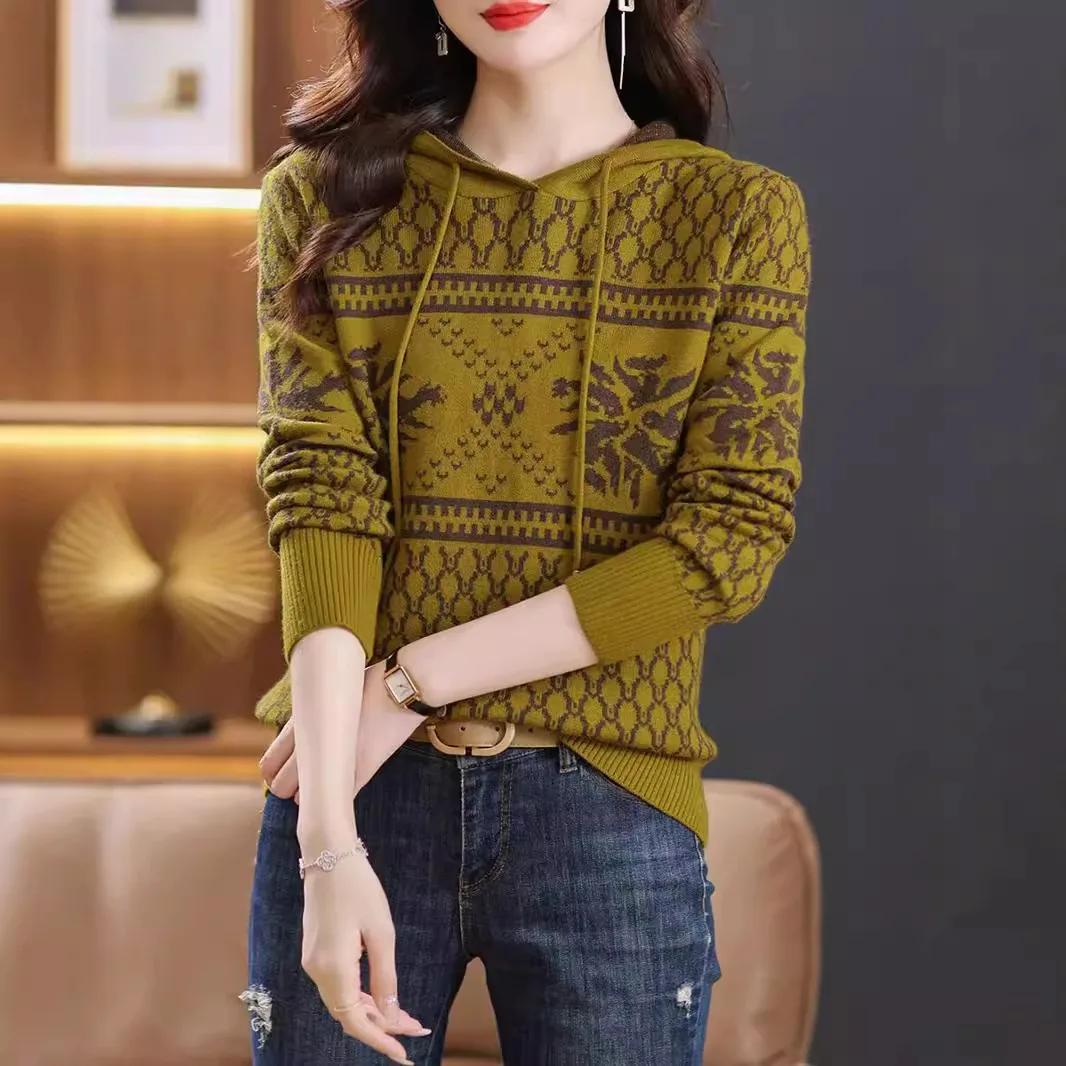 

Осень-зима, новая женская жаккардовая толстовка с кепкой, стильный топ с круглым вырезом, замедляющий старение, для ценителей моды 2XL зелёный/дубильная кора