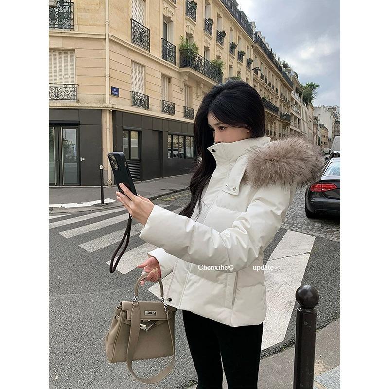 Down jacket women's new short big fur collar waist slim fit small white duck down thickened winter coat