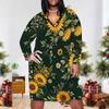 Women Plus Size V Neck Long Sleeve Floral Printed Navy Blue Fitted Dress