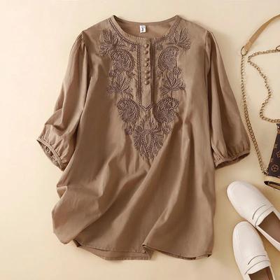 Women's Casual Clothing Blouses O-Neck Embroidery Loose Button Tunic Shirts Cotton Linen Tops