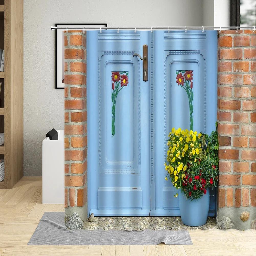 

Greek Architecture Town Street View Shower Curtain Flower Window Door Bath Curtains Santorini Bathroom Decor Fabric With Hooks W60H190(CM)-1 Pcs