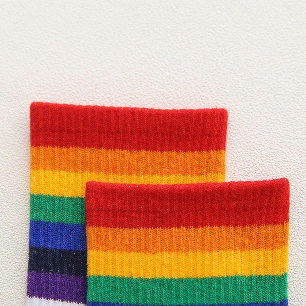 Sport Trendy Multicolor Rainbow Streetwear Striped Cotton Socks Tube Sock Women Socks Middle Tube