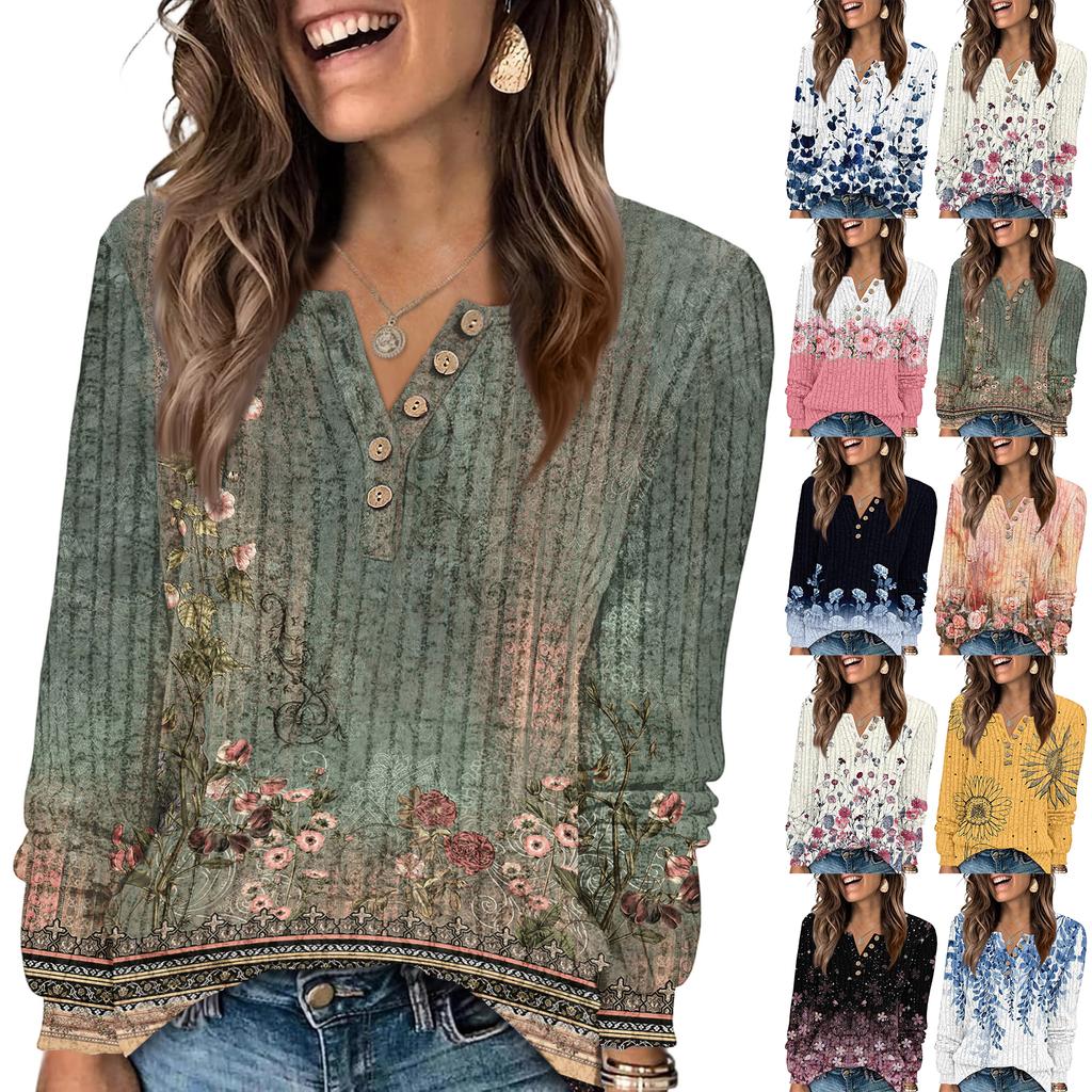 Women's Fashion V-Neck Button-Up T-Shirt With Floral Print Long-Sleeved Top