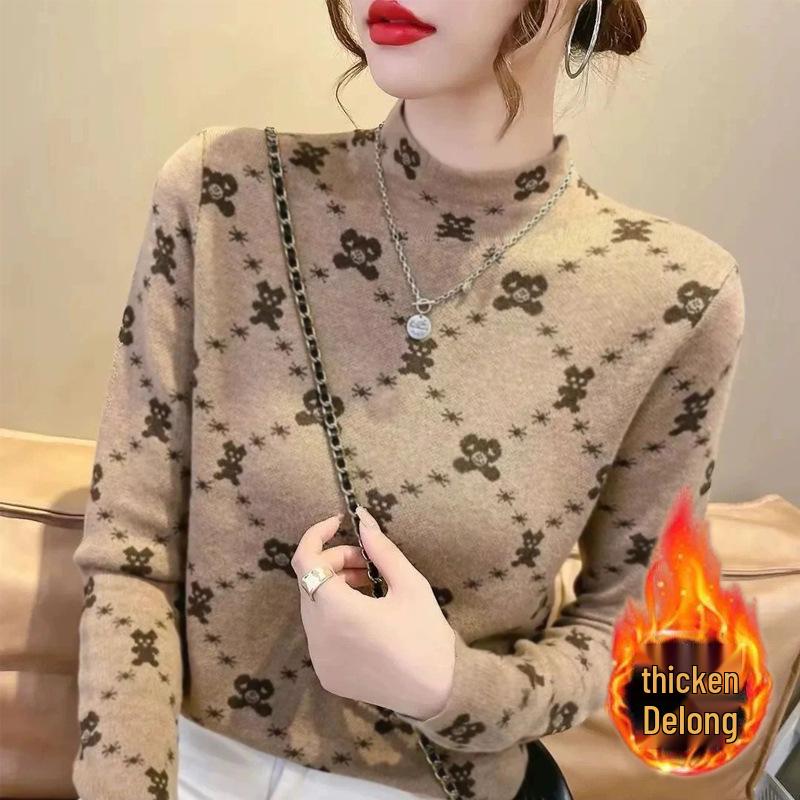 Velvet Semi-High Neck Warm Long Sleeve Women's Slimming Top for Autumn/Winter