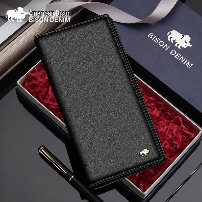 Men s Genuine Leather Long Bi-fold Wallet