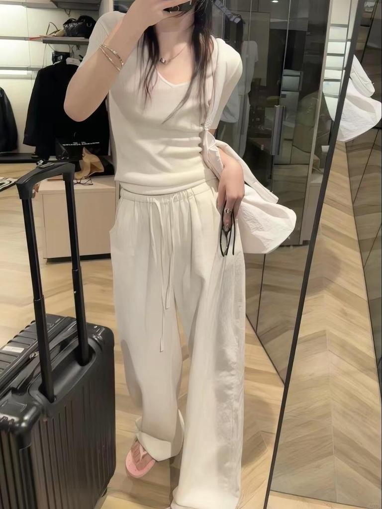 Women's Spring 2026 Ramie Cotton-Linen Wide-Leg Pants with Elastic Waist and Drawstring – Old Money Style, Relaxed Fit