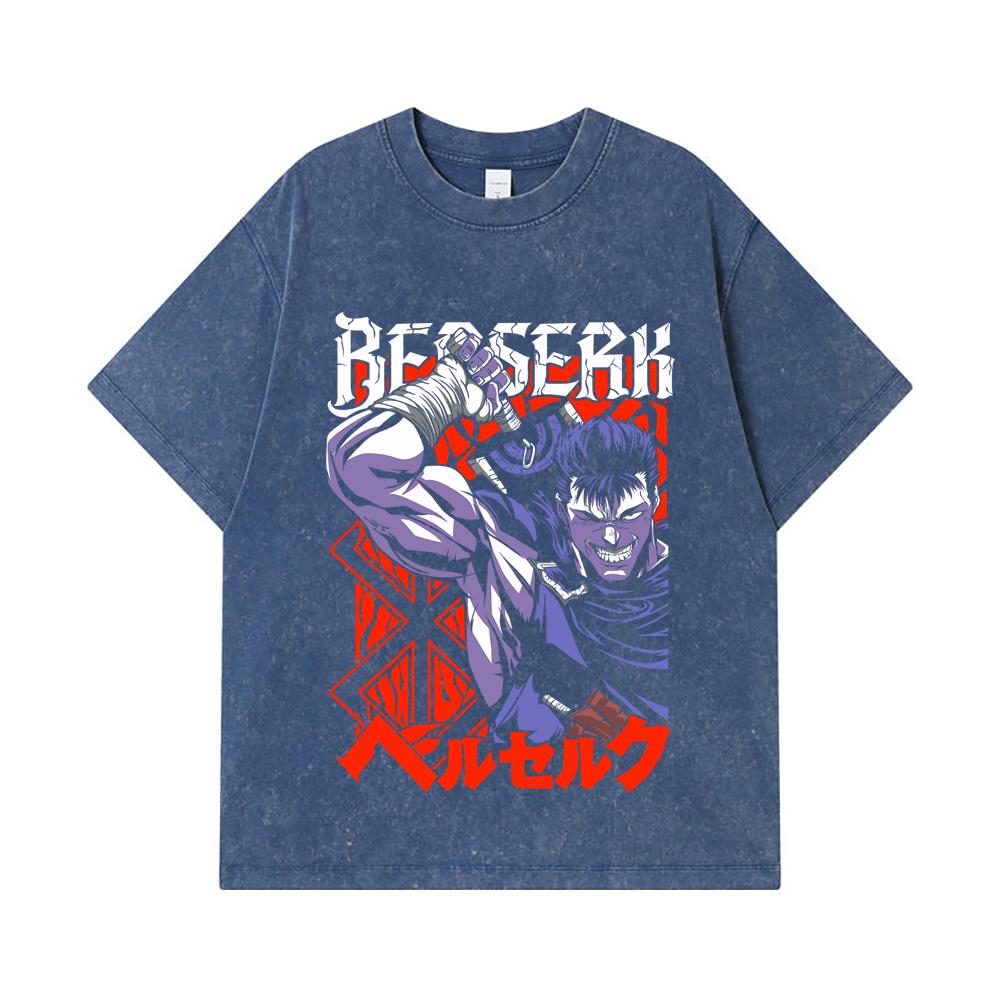 

275 GSM Washed T-shirts 100% Cotton Berserk V11 Print Unisex Heavy Cotton T Shirt 2XL королівський синій колір