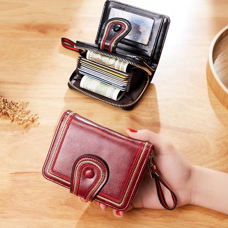IELGY women's retro wax leather zipper short wallet