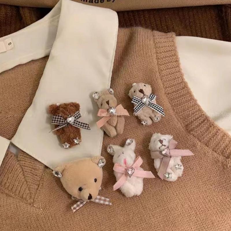Stylish Bow Bear/Rabbit Brooch Pin Soft Plush Lapel Pin Clothes Badge Backpacks Pendant Women's Fashion Accessories