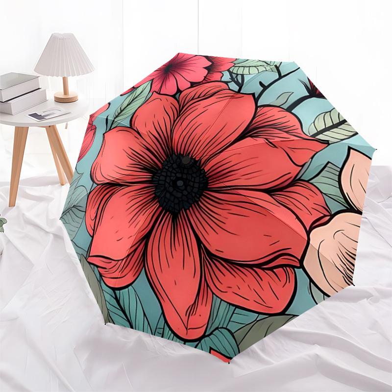 1pc Floral Pattern Automatic Open/close Folding Compact Umbrella, 8-Rib Sturdy Canopy, Lightweight Portable, Everyday Use, Gift, Outdoor Umbrella, Tra