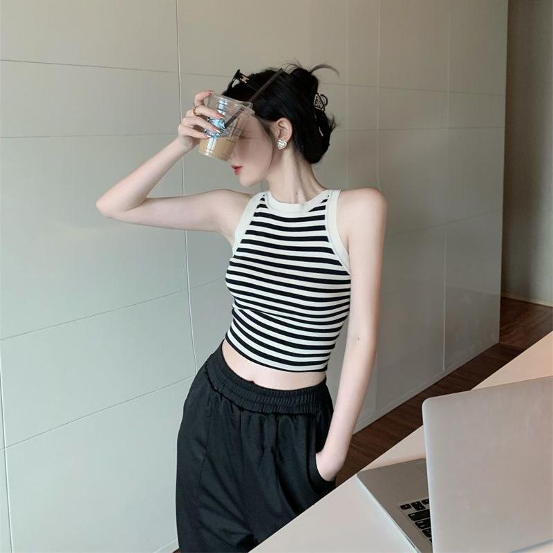 Striped Ice Silk Knitted Vest Women's Summer Slim Short Chic Sleeveless Camisole Outer Top