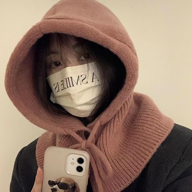 

Зимняя шапка-балаклава, теплая вязаная женская шапка-капюшон, кепка, уличный свитер, цветной цельный однотонный кашемировый A2V8 1PCS розовый