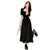 Black dress women's summer new French retro square collar waist and thin temperament Hepburn style long skirt