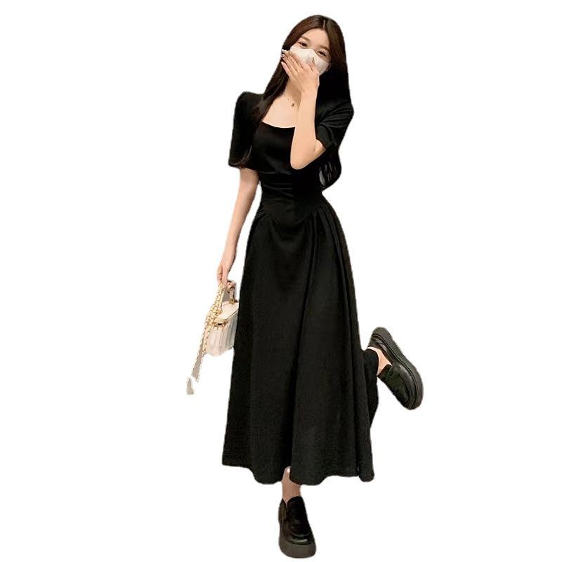 Black dress women's summer new French retro square collar waist and thin temperament Hepburn style long skirt