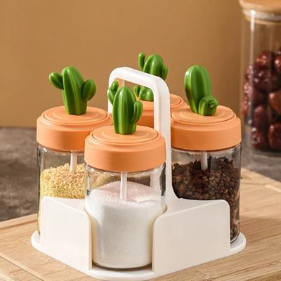 4pcs Pots à Épices Cactus en Verre Pot à Condiments avec Cuillère Pots à Épices Récipient Sucre Sel Poivre Boîtes de Cuisine Pots