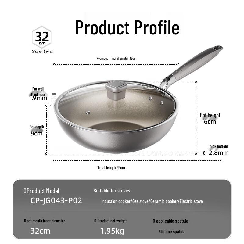 Bear Titanium Ceramic Non-stick Wok with Flat Bottom, 32cm