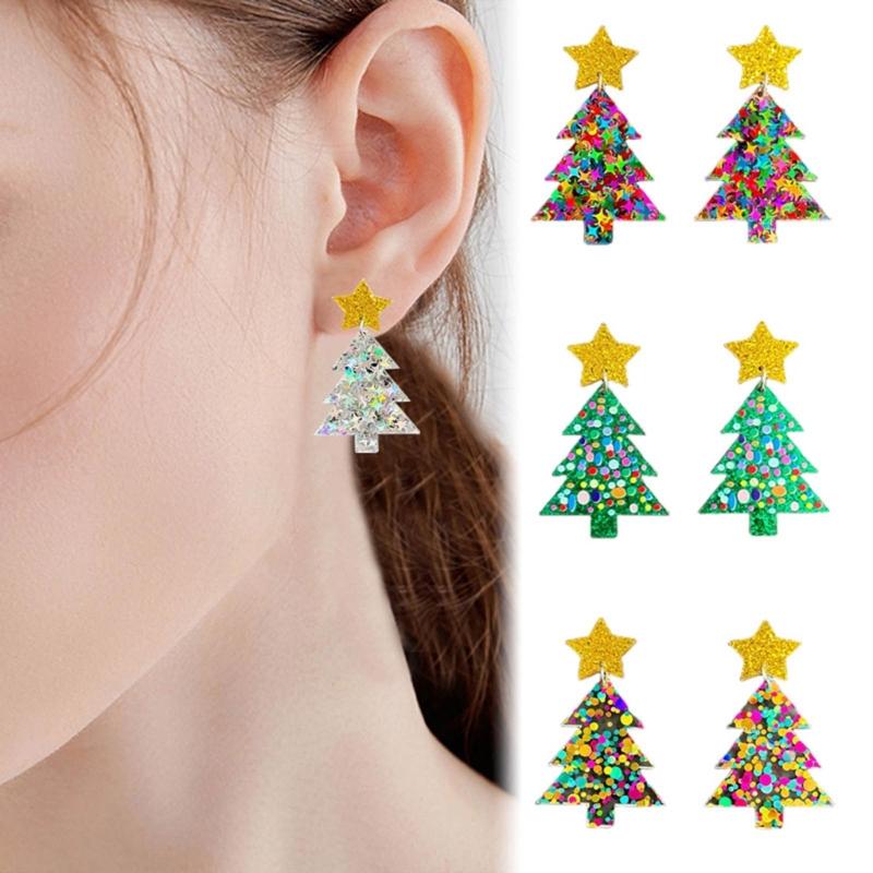 2 Pcs Novel Christmas Tree Stud Earrings All-matched Temperament Sequins Stud Earrings Multicolour Rainbow Earrings