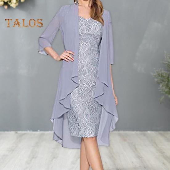 2 Teile/satz Damen Strickjacke Kleid Set Spitze Blumenstickerei O Hals Slim Fit Midikleid Dünn Unregelmäßig Dreiviertel Ärmel Mittellang Mantel Formal