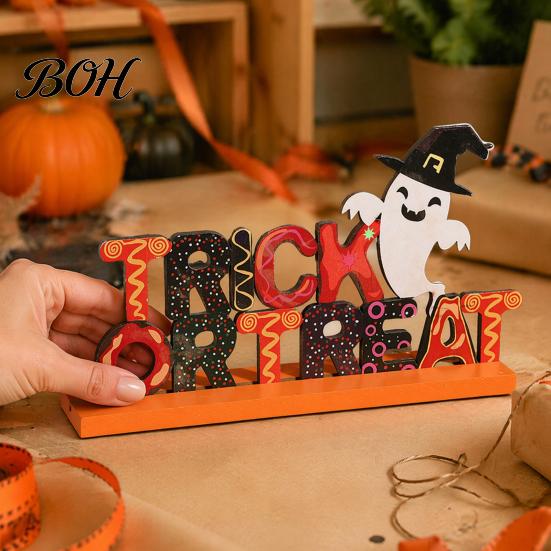 Creative Festival Table Signs Wooden Halloween Ornament, Trick or Treat/Boo/Happy Desktop Decoration Decorative Wood Lettering with Ghost Wizard
