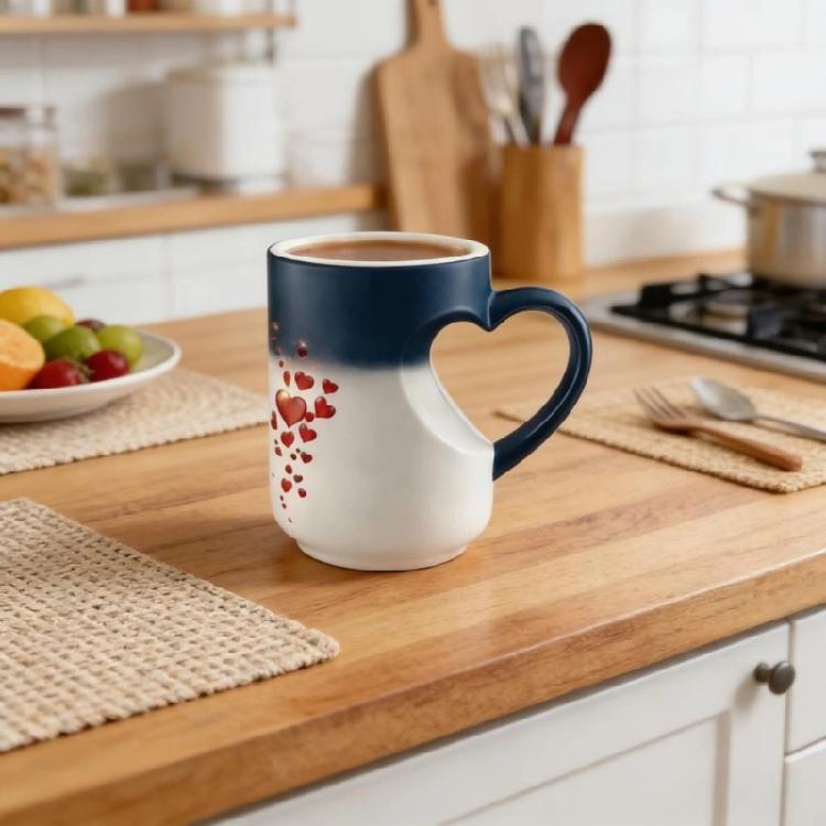 Stylish Ceramic Drinking Cup With Lovely Heart Handle And Fade Resistant Print Color Changing Coffee Mug
