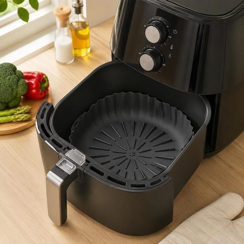Round and Square Cooking Basket Trays in Reusable Silicone with Grip Handle Design and Crumb Collecting Base Pair
