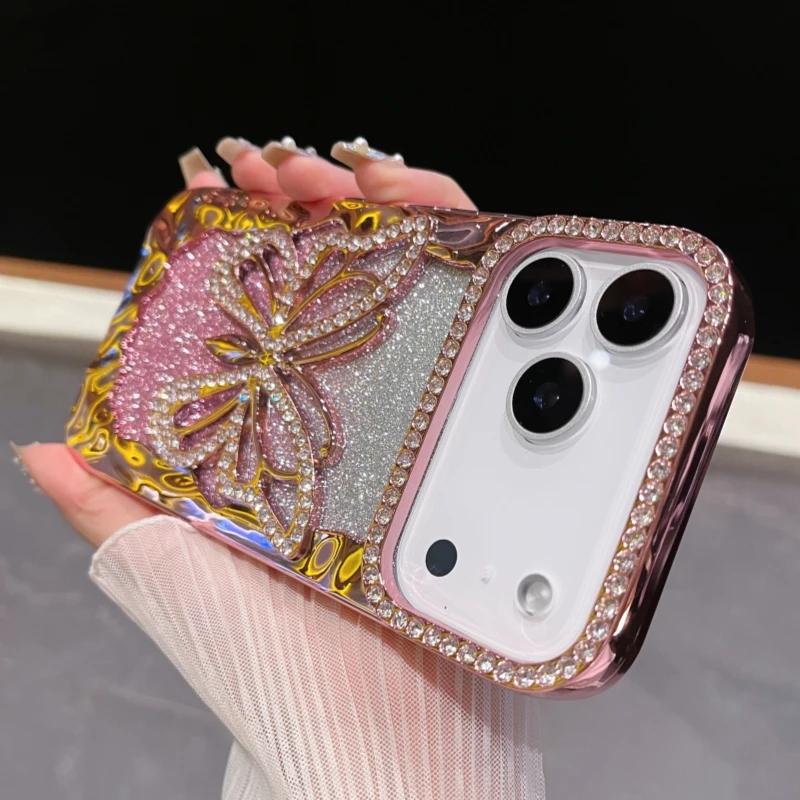 For iPhone 17 Pro Max Luxury Plating Frame Flash Diamond Butterfly Phone Case For iPhone 11 12 13 14 15 16 17 Protective Glitter  Cover