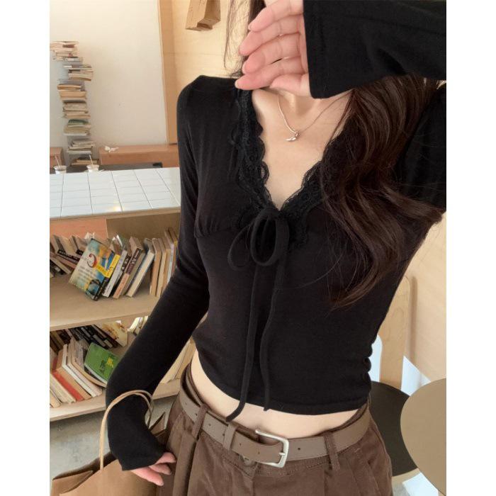 In Stock: Pure Desire Sexy Lace Trim Long-Sleeve Slim Fit Women s T-Shirt - Fashionable and Versatile. Small чёрный