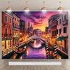 2D Romantic Backdrop, Venetian Canal with Historic Buildings and Twilight Sky Background