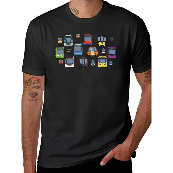 Men's Urban Transit T-Shirt with Tram Train Print - Black Suitable for Public Transport Fans, Machine Washable Round Neck Short Sleeve Tee, Casual