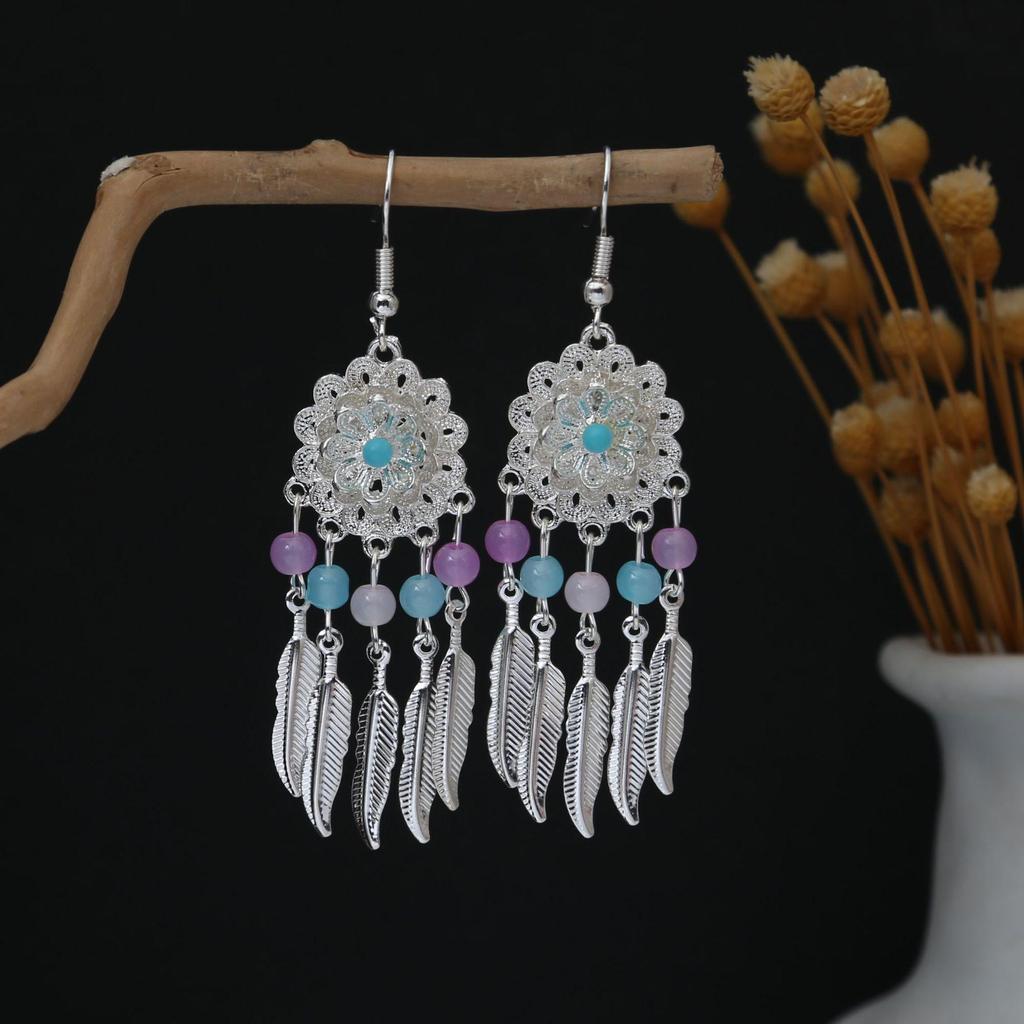 Personalized Bohemian Miao Silver Geometric Tassel Earrings
