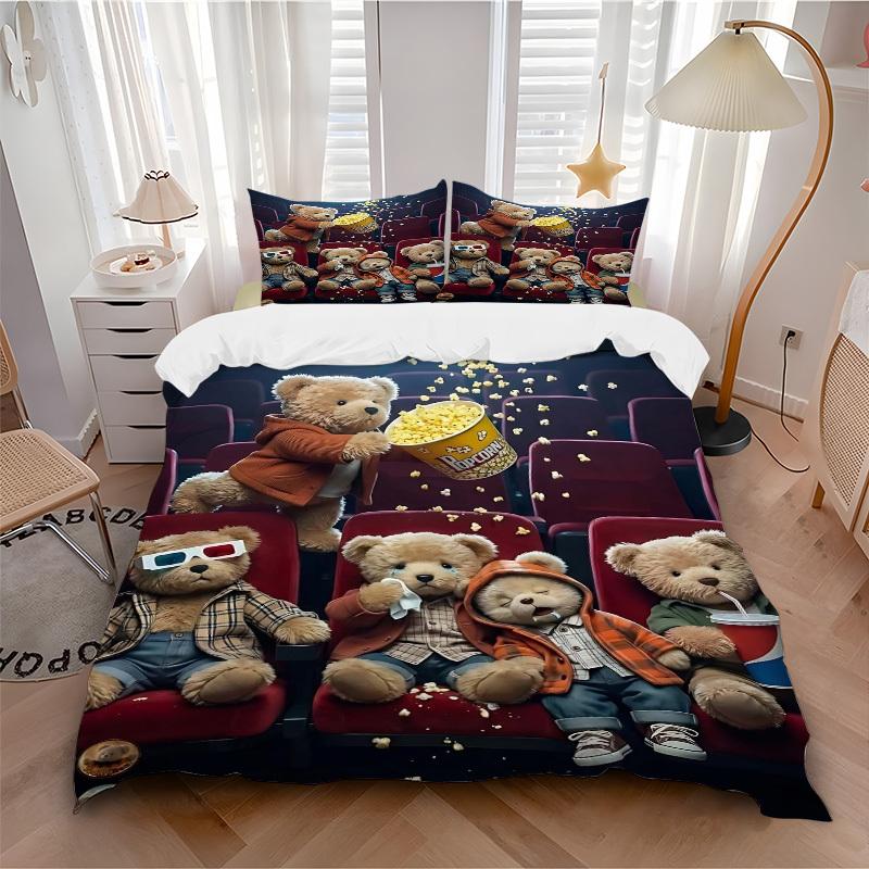 3pcs Anime Teddy Bear Popcorn Movie Night Bedding Set - Includes One Quilt Cover and Two Pillowcases (No Core) - Perfect for Bedroom and Gue