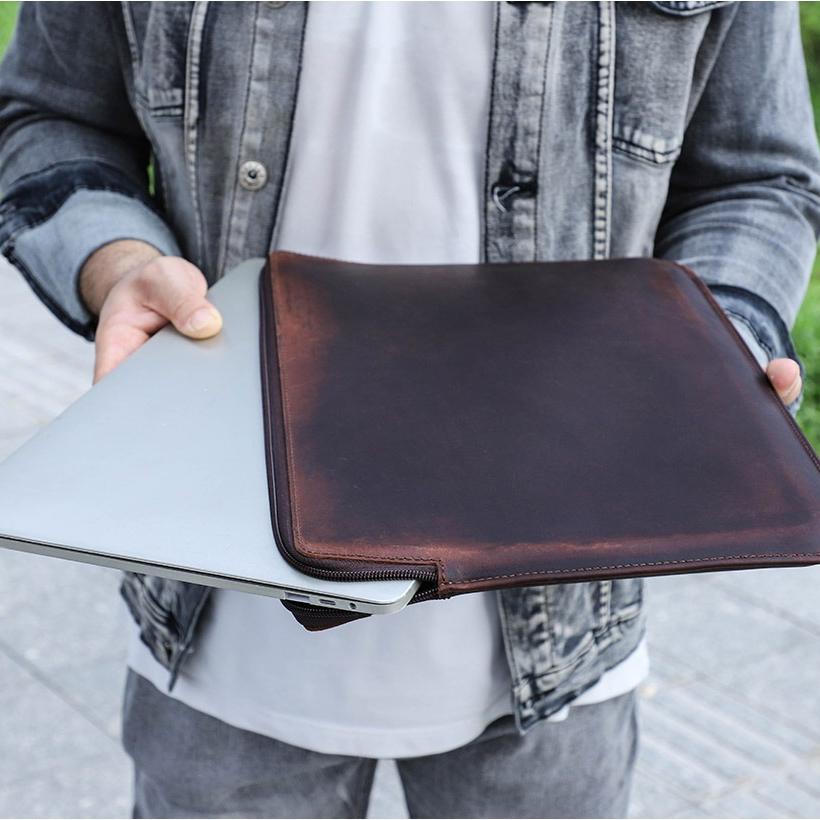 Genuine Leather Laptop Sleeve For MacBook Pro 14 Large Inner Pocket Shockproof