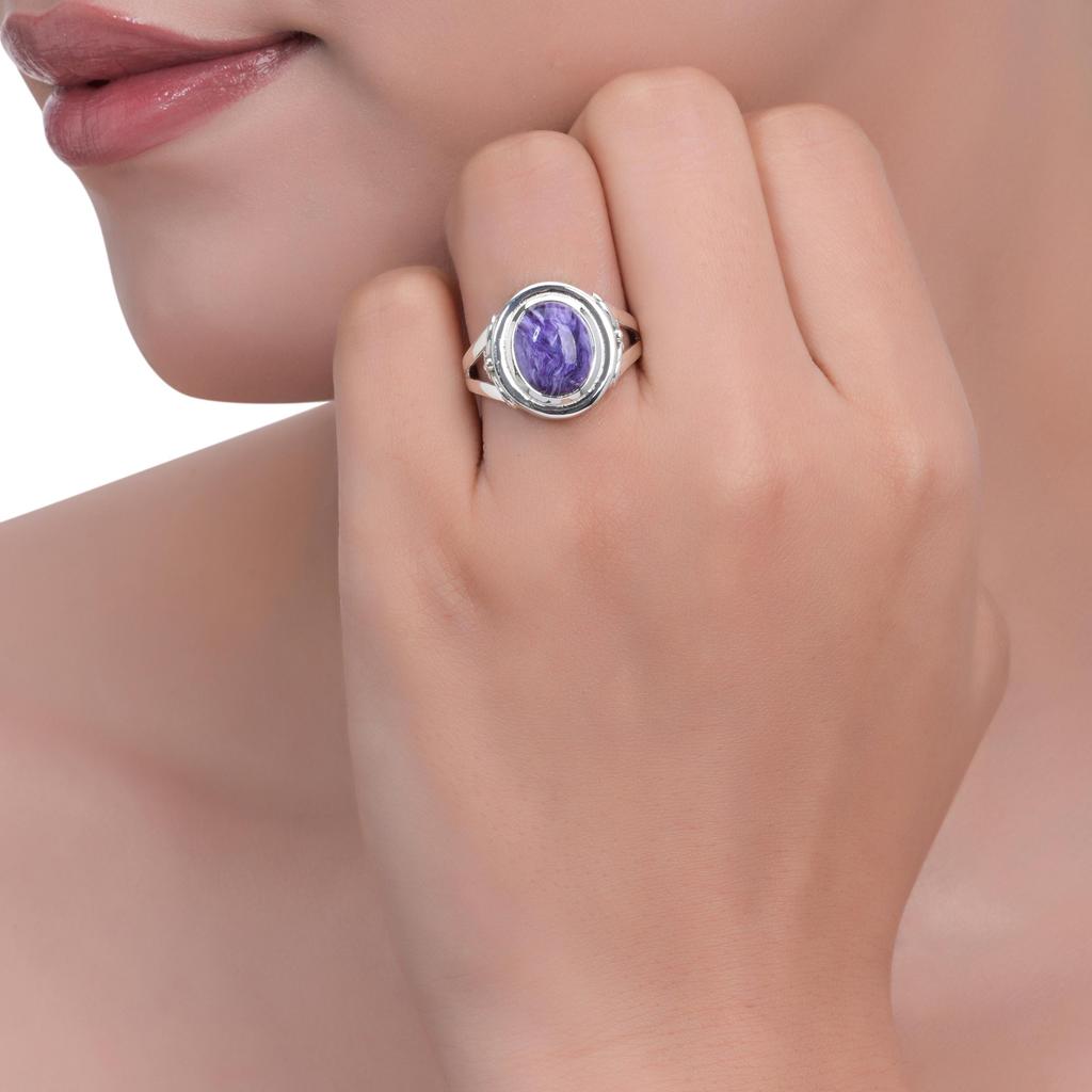 Sterling Silver Charoite Ring: Handmade Boho Gemstone Jewelry