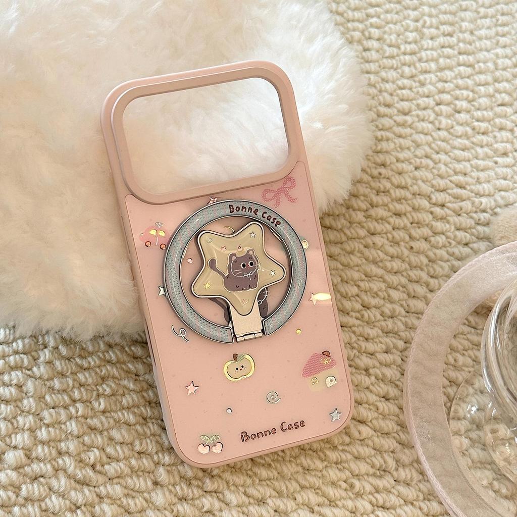 Apple 17 Pro Max Cat Cake Phone Case, Pink/Gold Magnetic Stand for iPhone 13/16/15.