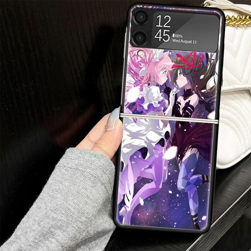 Madoka Magica Anime Case for Samsung Galaxy Z Flip7 Flip6 Flip5 Flip4 Flip3 5G Hard Phone Shell Z Flip 7 6 5 4 3 Black Cover