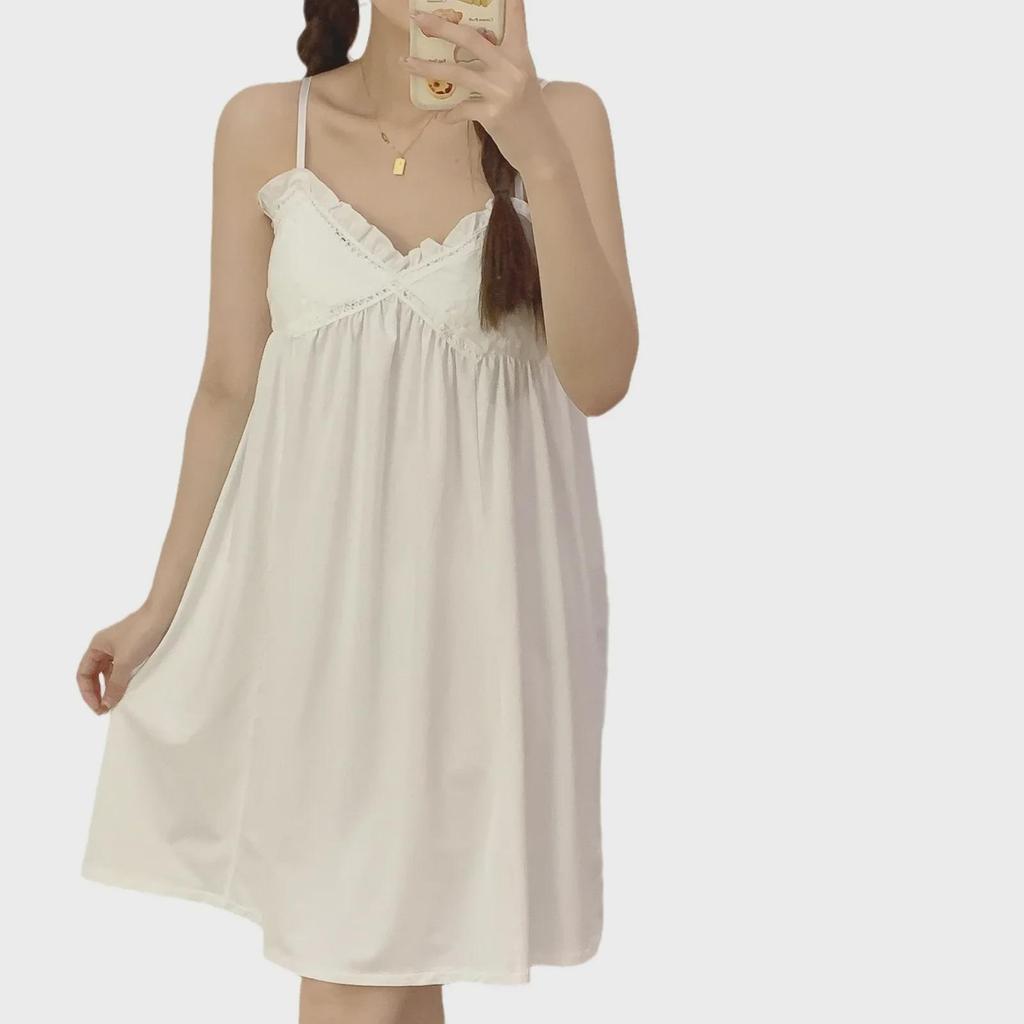 White Summer Nightdress with Chest Pad – Sweet, Pure Desire Style Imitation Cotton Pajamas for Women