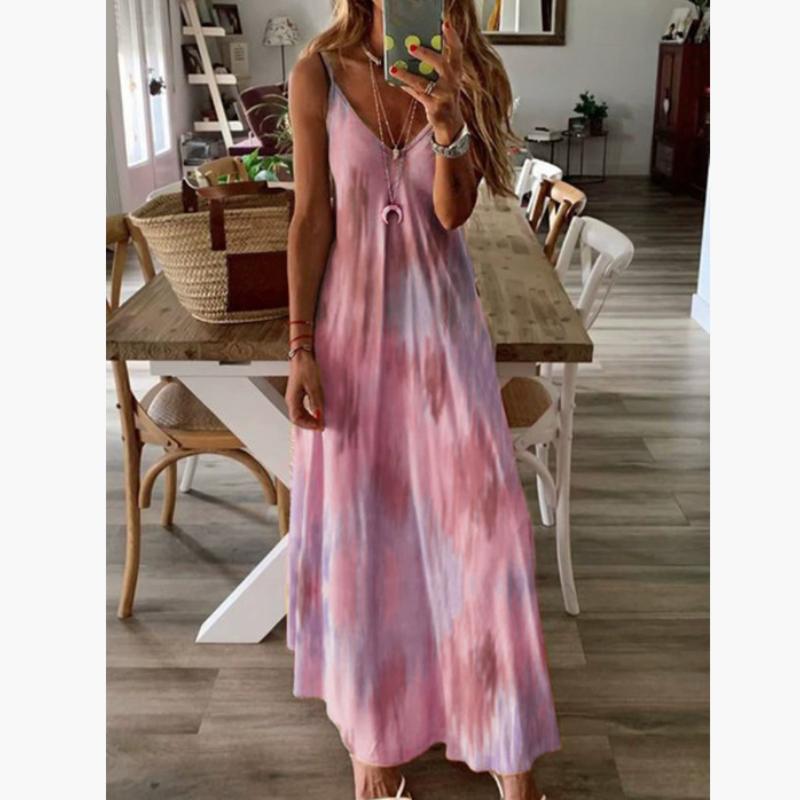 Abito Primavera Estate Donna Stampa Floreale Verde Scollo a V Lungo Vestito Rilassato Bohemien Senza Maniche Abito da Festa in Spiaggia Donna